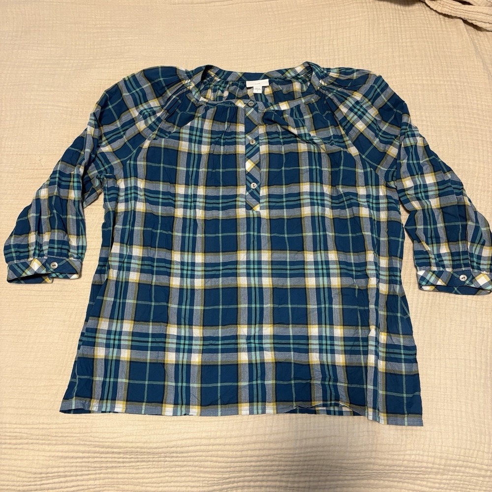 J. JILL Shirt Womens Sz Large‎ Popover Tunic Top Lightweight Cotton Plaid Blue